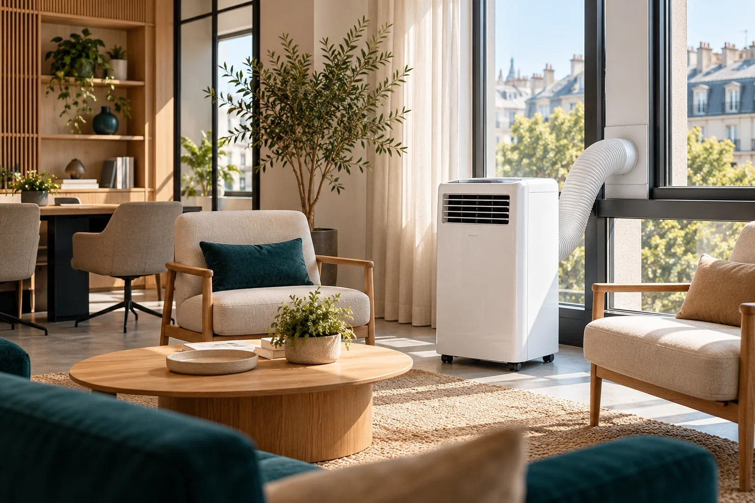 Illustration d’un espace professionnel lumineux équipé d’un climatiseur mobile avec gaine d’évacuation.